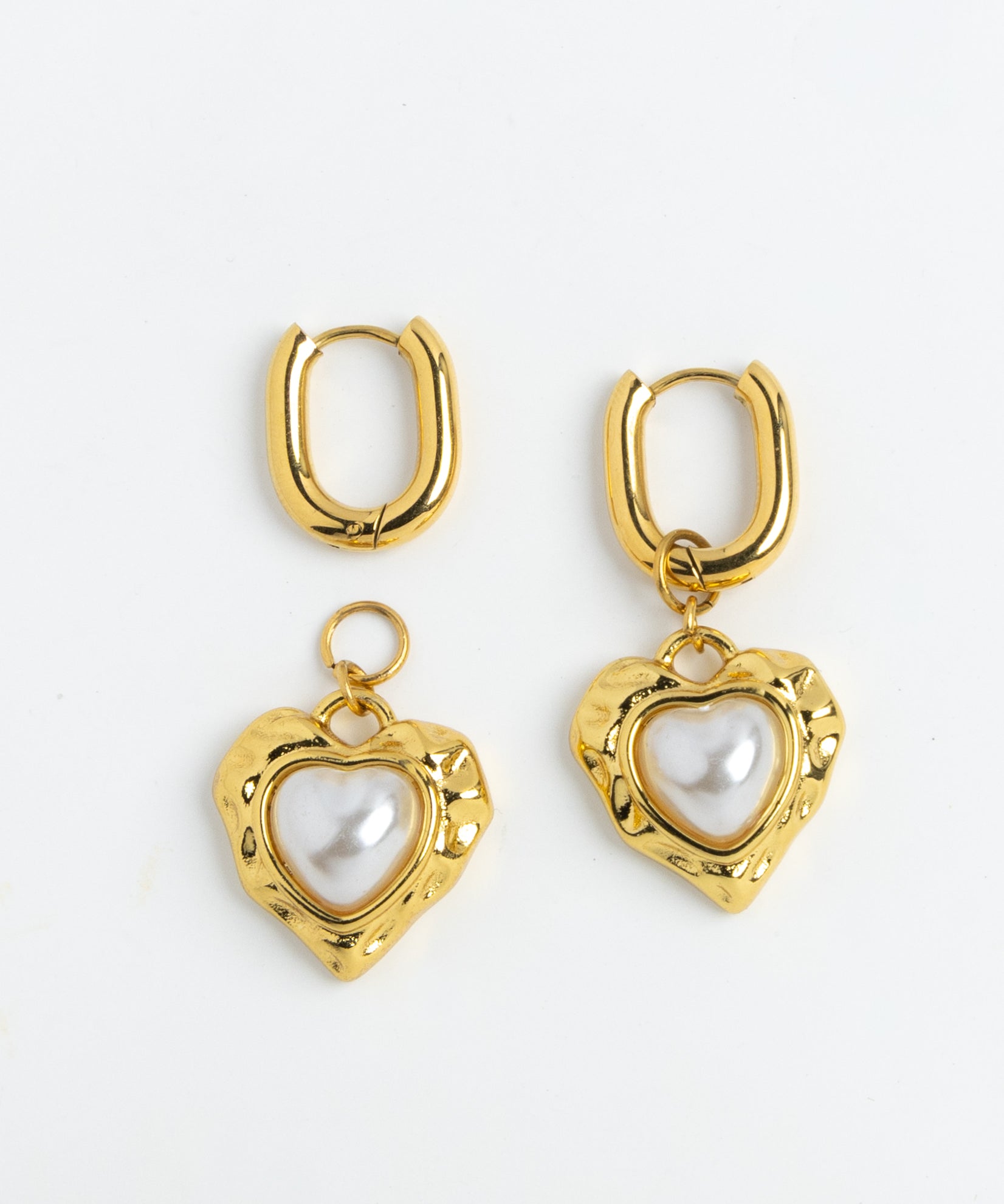 Gold heart charm earrings with faux pearl center