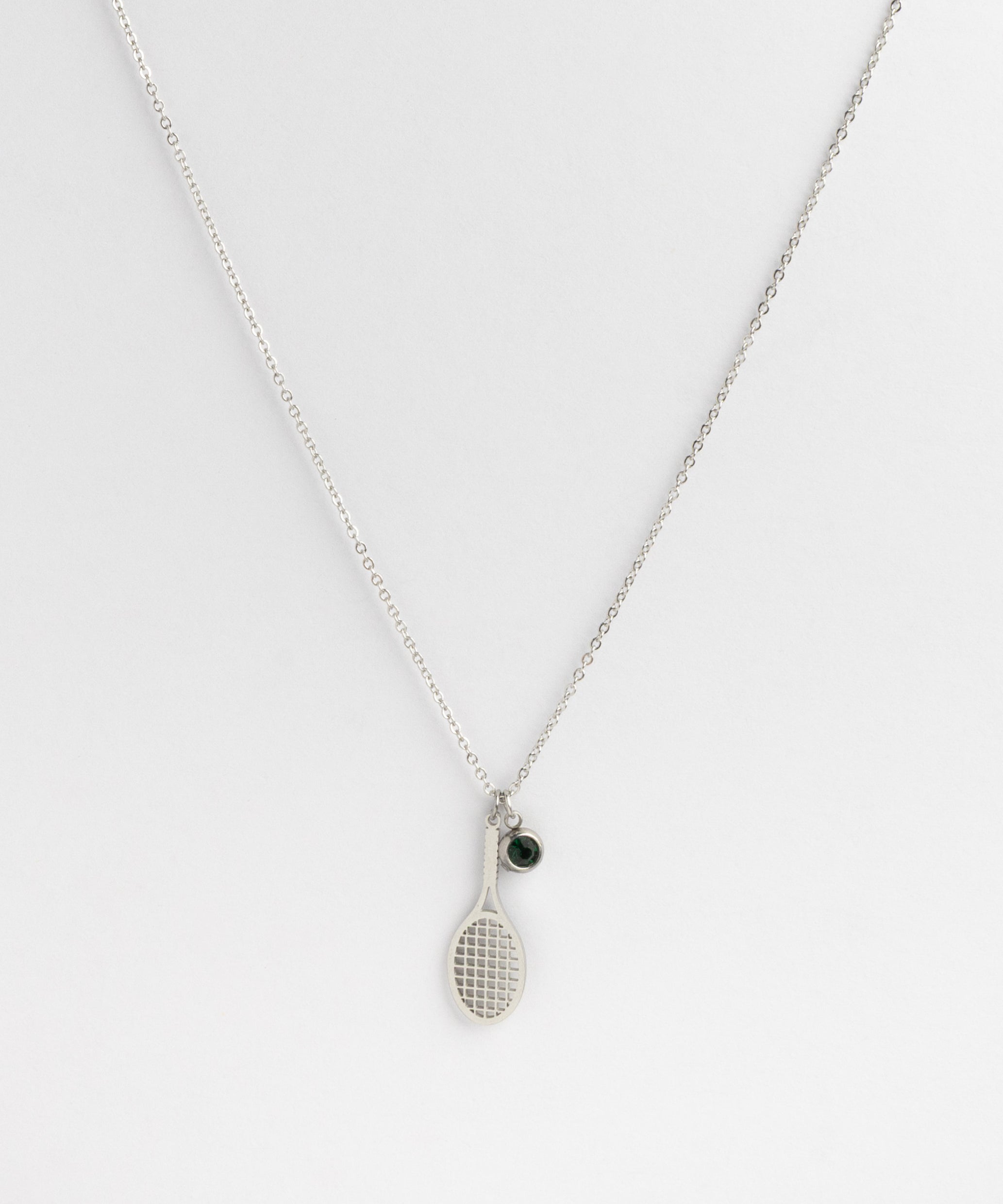 Silver Tennis Racket & Dark Green Crystal Charm Necklace product photo