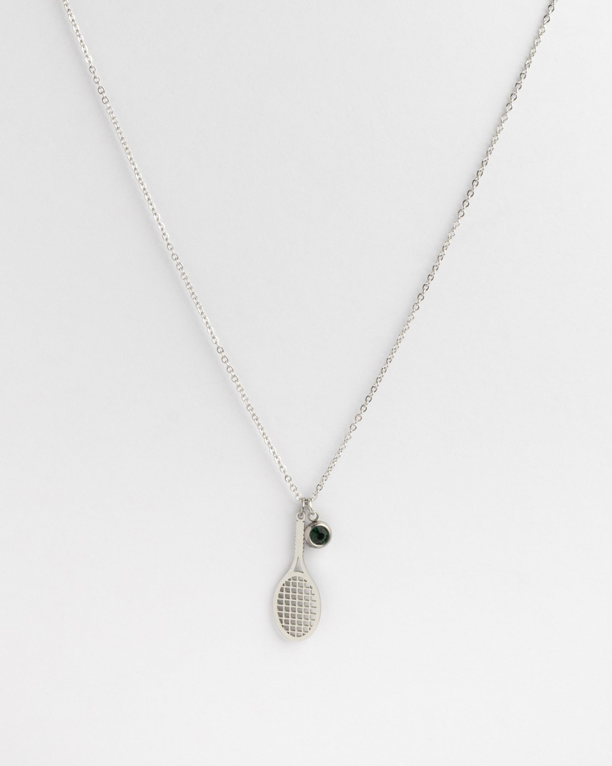 Silver Tennis Racket & Dark Green Crystal Charm Necklace product photo