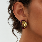 Gold Red Enamel Pebble Stud Earrings